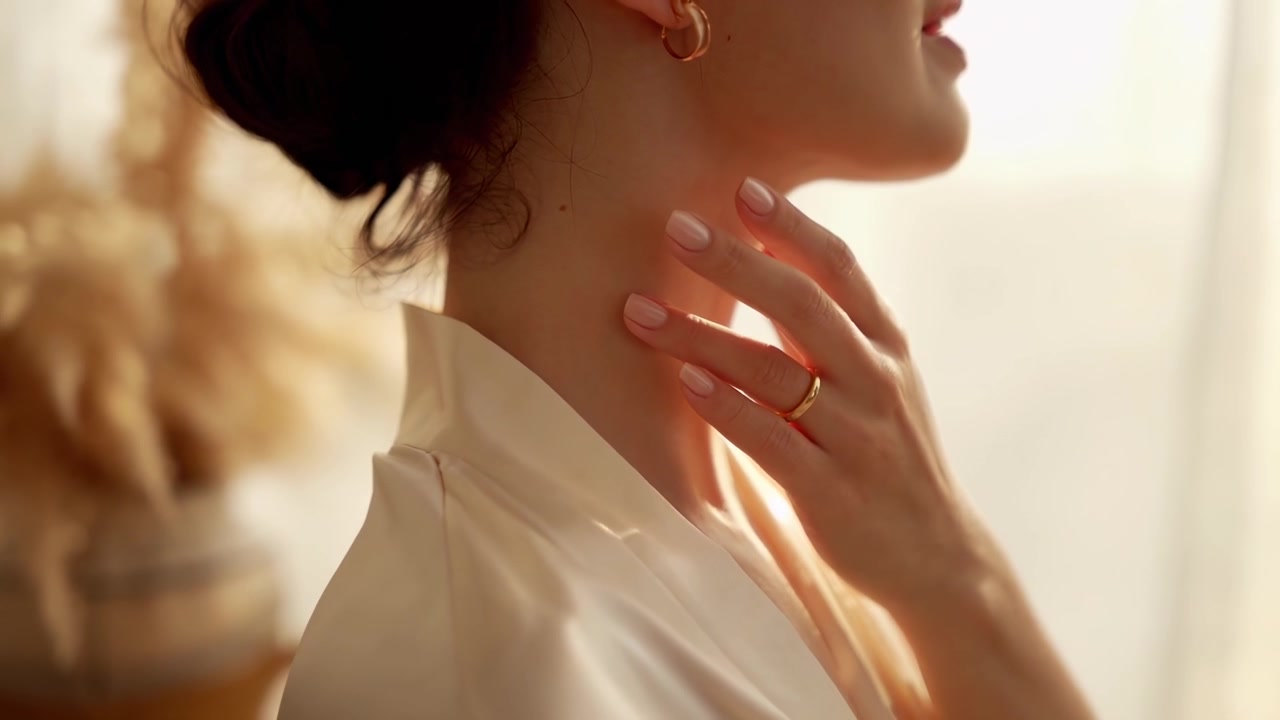 Donna elegante che si tocca delicatamente il collo in luce soffusa