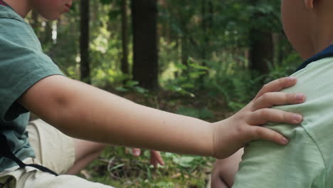 dos niños descubriendo algo en el bosque.