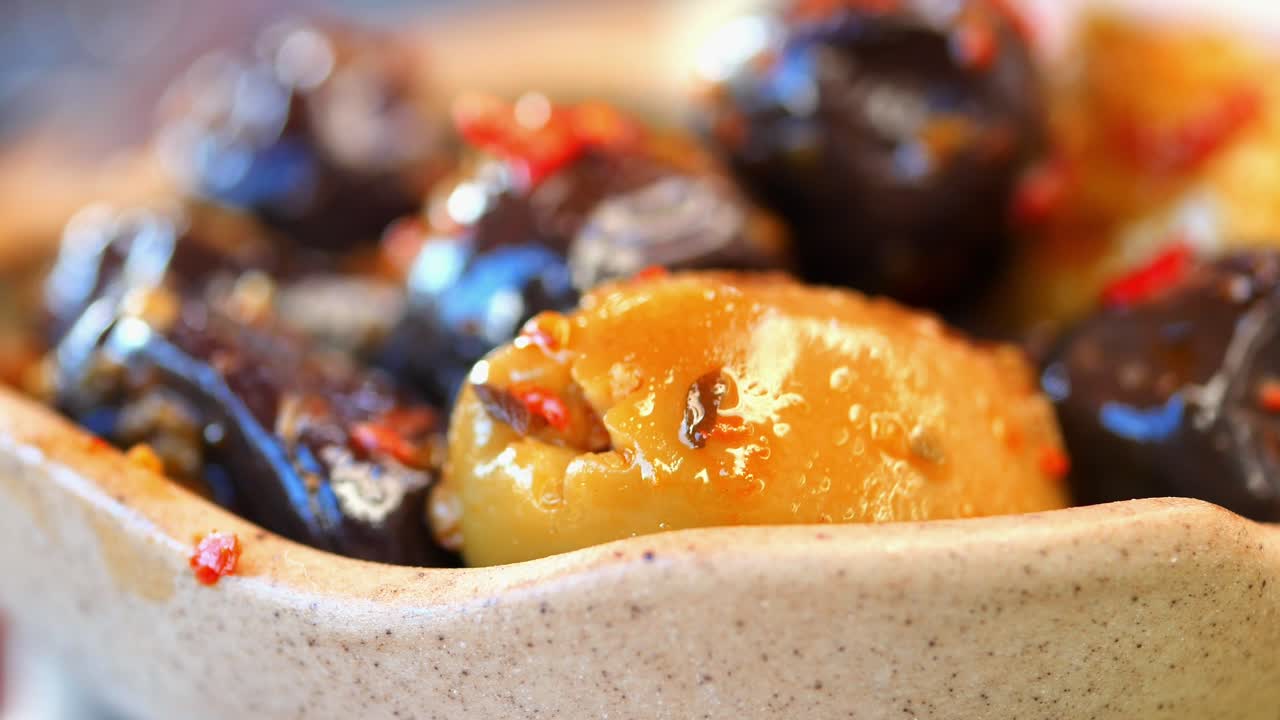 Close-up of a bowl of assorted olives