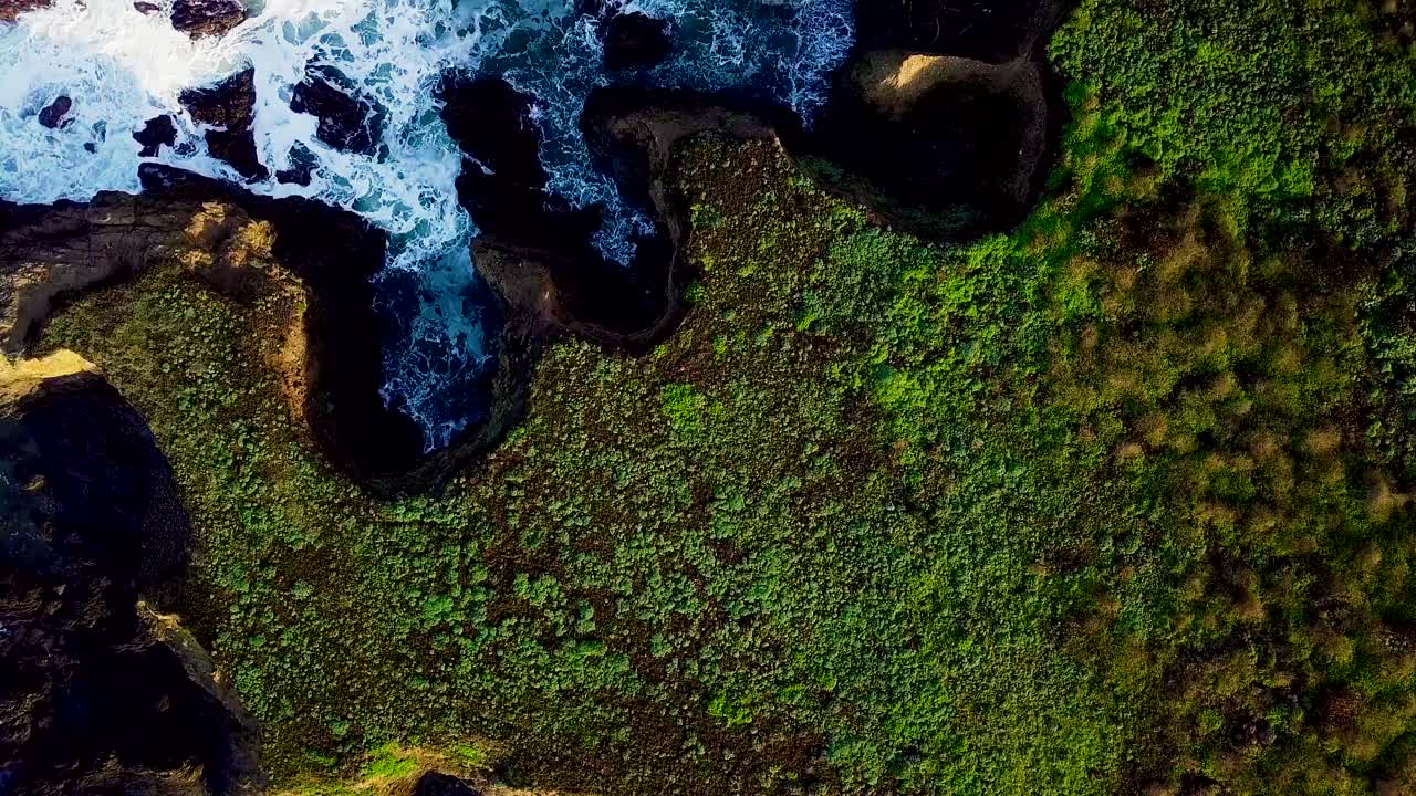 Waves swirl in a cove eroded into tall cliffs on the California coast