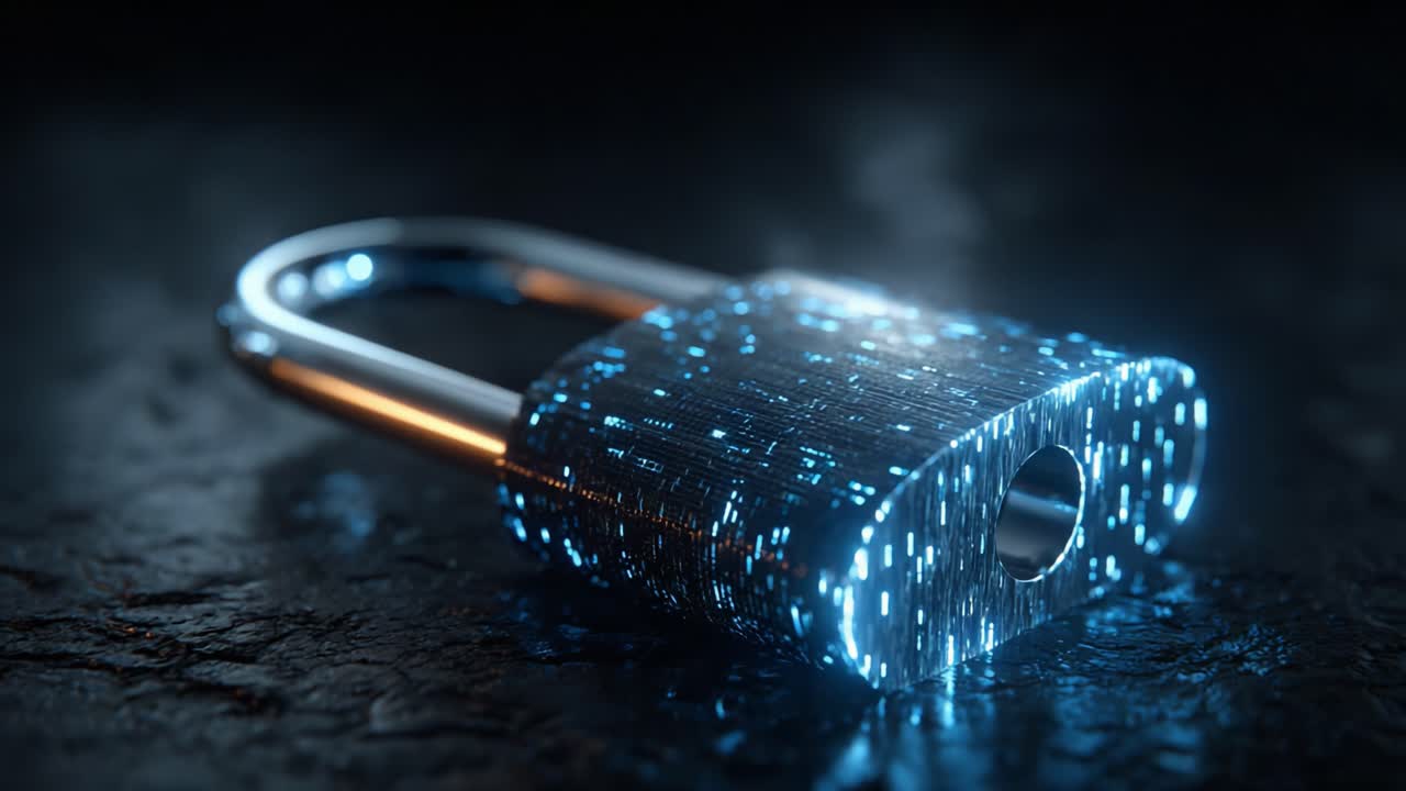 A Futuristic Digital Lock Symbolizing Enhanced Cybersecurity and Data Protection in a Technological Landscape of Light and Texture
