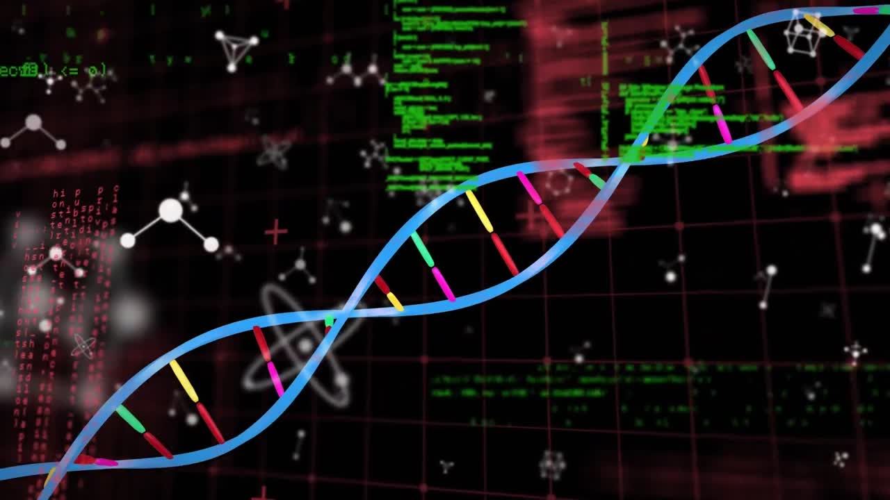 animación de la cadena de adn y procesamiento de datos sobre un fondo negro