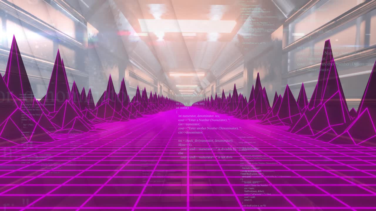 animación del procesamiento de datos y montañas digitales sobre el túnel.