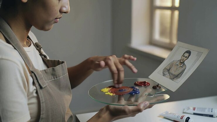 Pressing fingers into paint artist in tan apron mixing on glass palette by window matching portrait