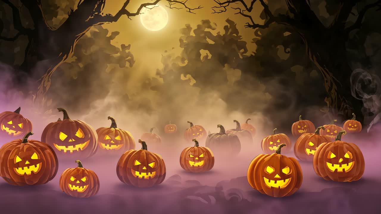 Full moon rising, carved pumpkins flickering under twisted trees in clearing, with swirling mist
