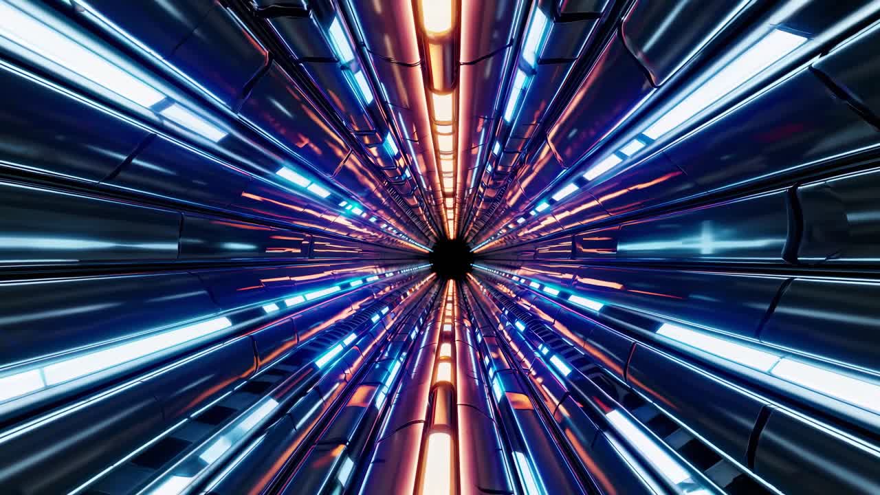 Tunnel futuristico con luci al neon incandescenti, ripreso da un'angolazione con punto di fuga centrale.