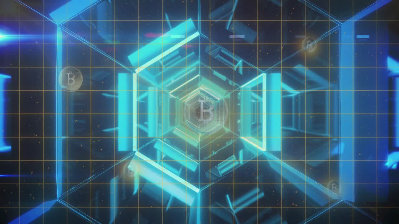 Animation of neon lights and bitcoins moving in digital space