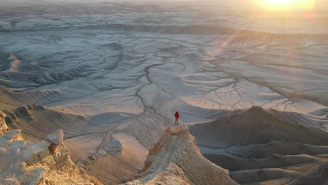 Person standing on a cliff overlooking a vast desert landscape at sunset