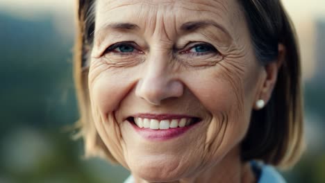 close-up portrait of a smiling senior woman with blue eyes
