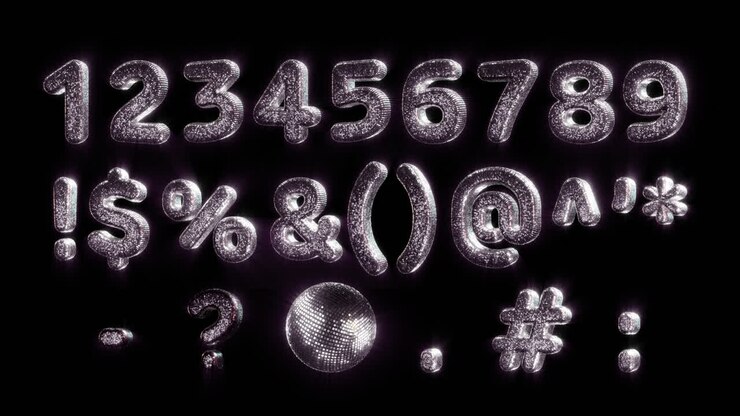Numeri e simboli di glitter scintillanti con disco ball su sfondo nero