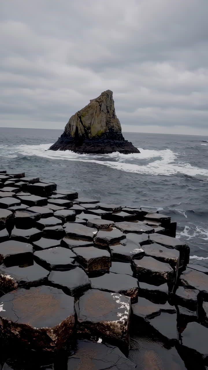Dramatic Coastal Views of Giant's Causeway Basalt Columns and Rocky Outcrop