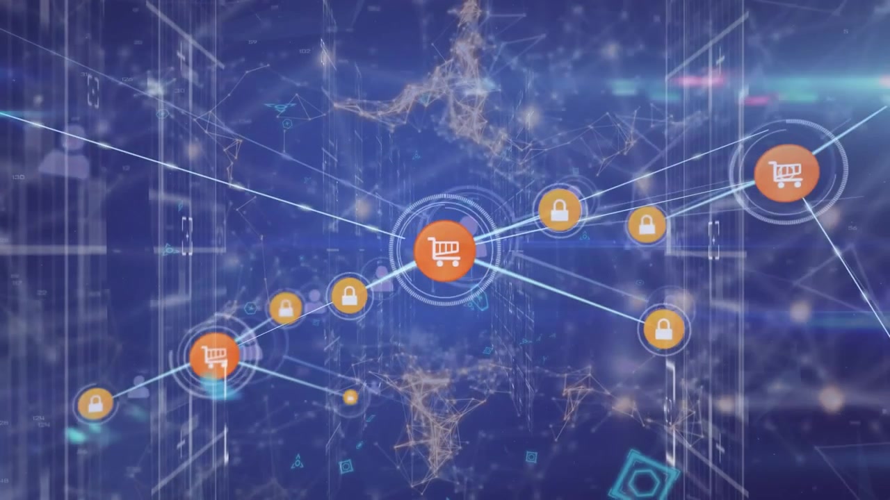 Animation of network of connections with icons over computer servers