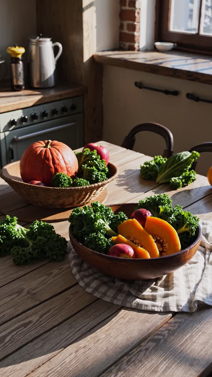 A rustic kitchen scene with a top-down angle, showcasing fresh produce in warm sunlight
