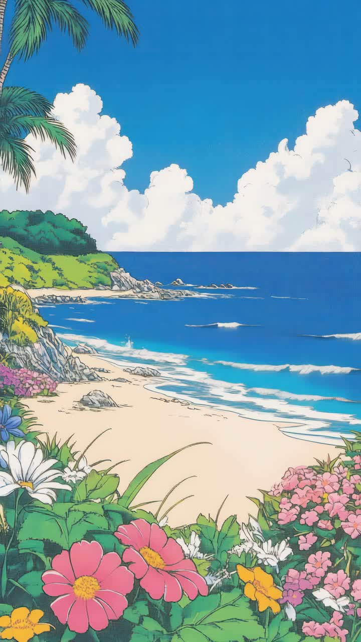 Vibrant anime-style beach scene with colorful flowers in the foreground