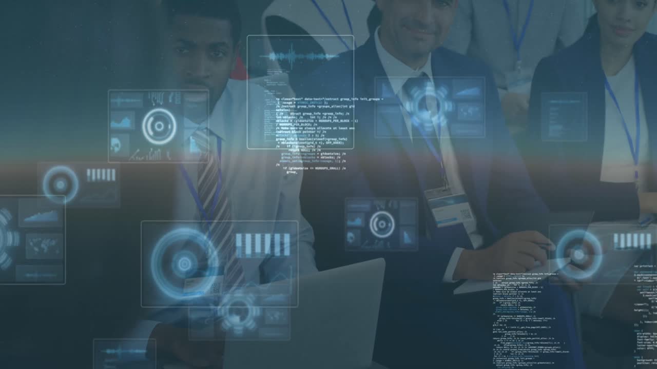 Animation of data processing over diverse business people talking