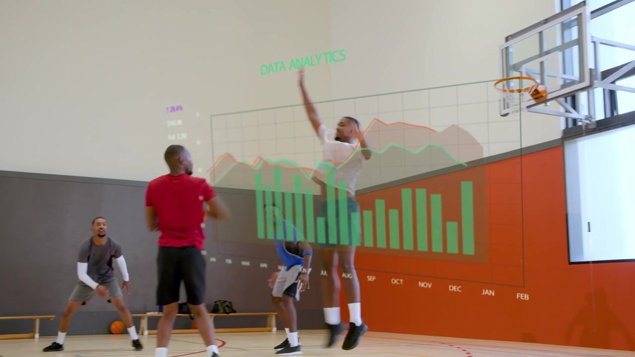 Des joueurs dribblant, initiant le jeu, un joueur rouge tirant, avec une superposition d'analyses et des graphiques évolutifs pour l'entraînement.