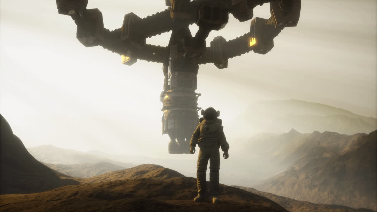 Exploration on mars with advanced structure hovering above landscape