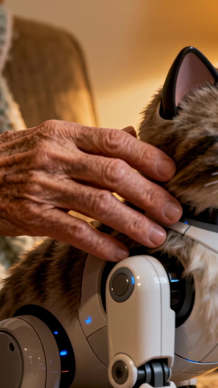 Dikey video: Örgülü kollu yaşlı bir el, kanepedeki robot kedinin tasmasını okşuyor, mavi LED'ler yanıyor.