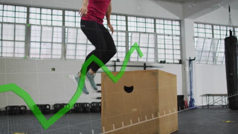 animación de seguimiento de datos de fitness sobre mujer haciendo ejercicio con saltos de caja en el gimnasio