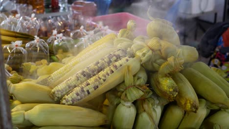 close-up footage of steamed corn displaying at street food market