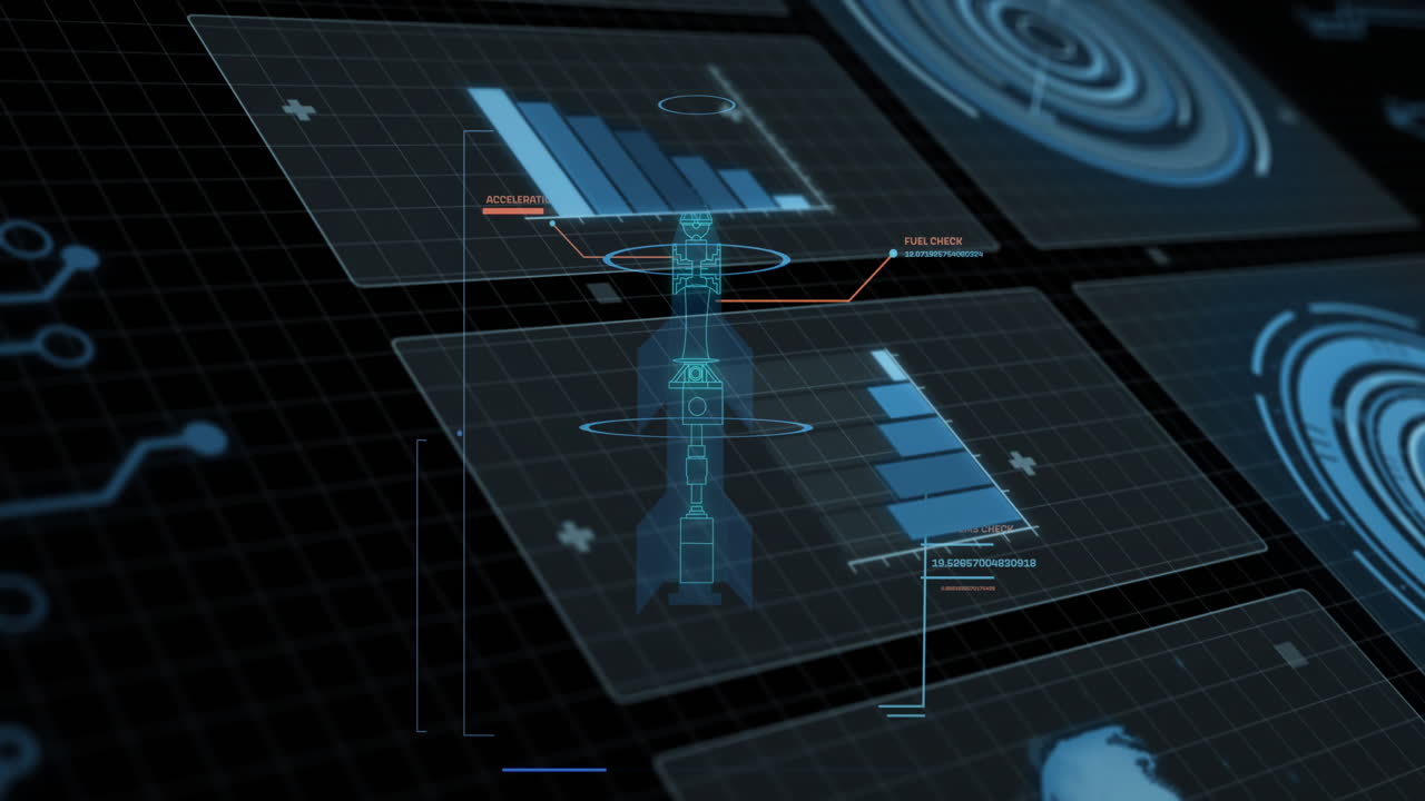 Animation of futuristic digital interface with data charts on grid background