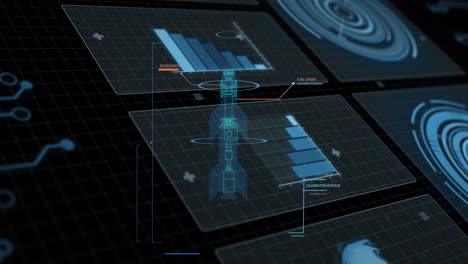 animation of futuristic digital interface with data charts on grid background