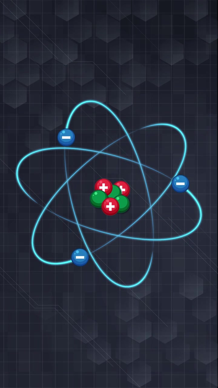 Animert atommodell roterer vertikalt, viser elektroner som kretser rundt kjernen på en sekskantet rutenettbakgrunn