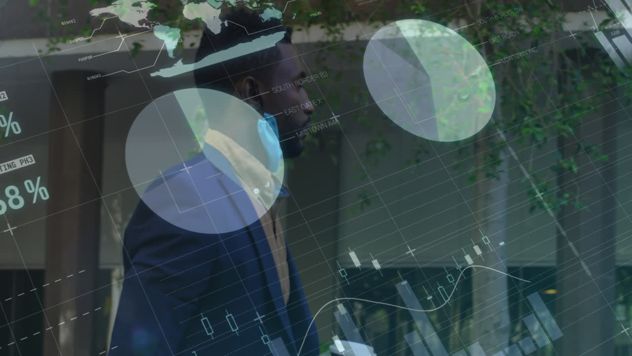 Statistical data processing against african american man with lowered face mask walking