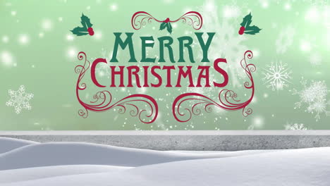 Animation-of-merry-christmas-text-and-snow-falling-over-winter-scenery