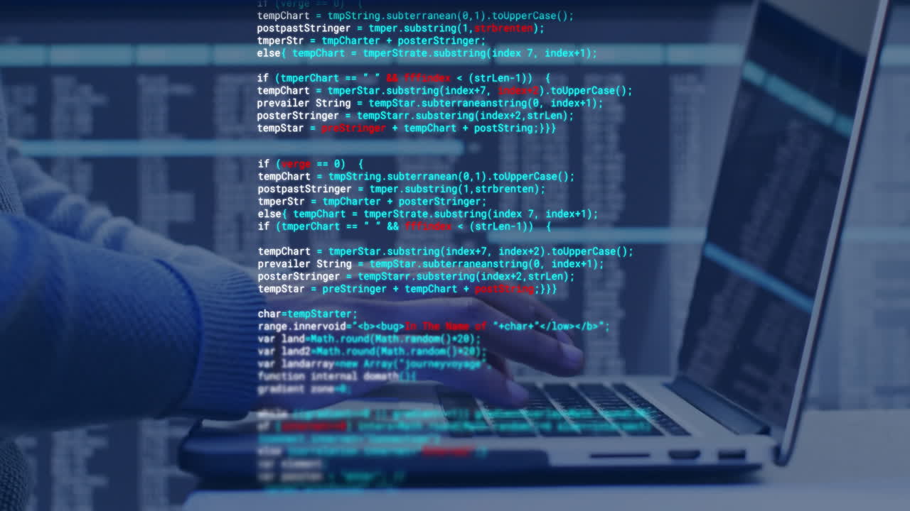 animación de procesamiento de datos digitales sobre un hombre biracial usando una computadora portátil