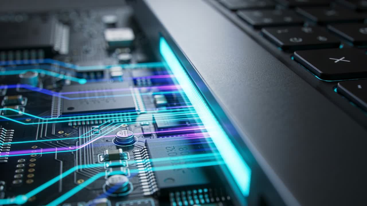 Cyan LED strip powering on, sending neon traces along laptop PCB showcasing tech for designers
