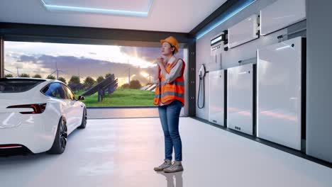 full body side view of asian female engineer with safety helmet pray for something with home energy storage system in a modern garage