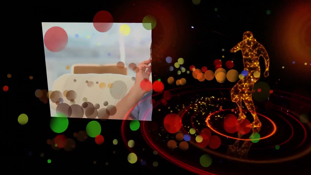 춤추는 인물과 헤드폰을 쓴 젊은이와 함께 색 ⁇ 의 빛을 움직이는 반점