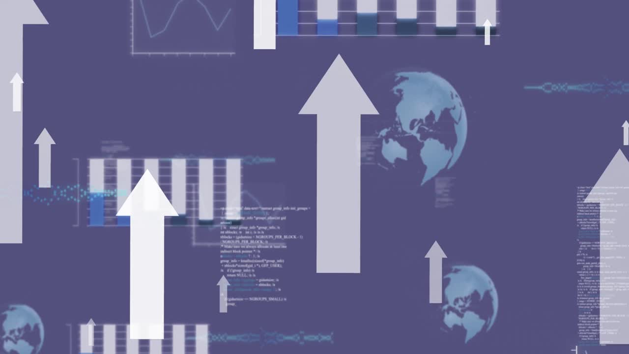 animación del procesamiento de datos, globos girando con flechas blancas sobre fondo púrpura