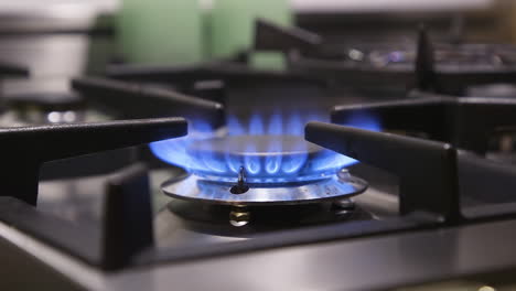 Close-view-of-single-gas-burner-on-a-stove-cooktop,-set-to-high-flame