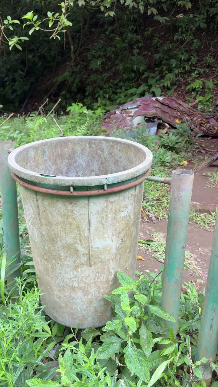 Old Dirty Trash Can in Overgrown Outdoor Setting