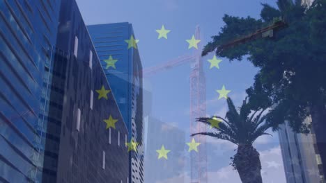 animation of flag of european union over fast motion crane and high rise buildings in modern city