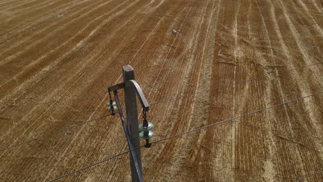 Aerial-view-above-tall-concrete-utility-power-lines-held-up-above-farmland-fields