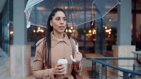 coffee, walking and business woman in rain