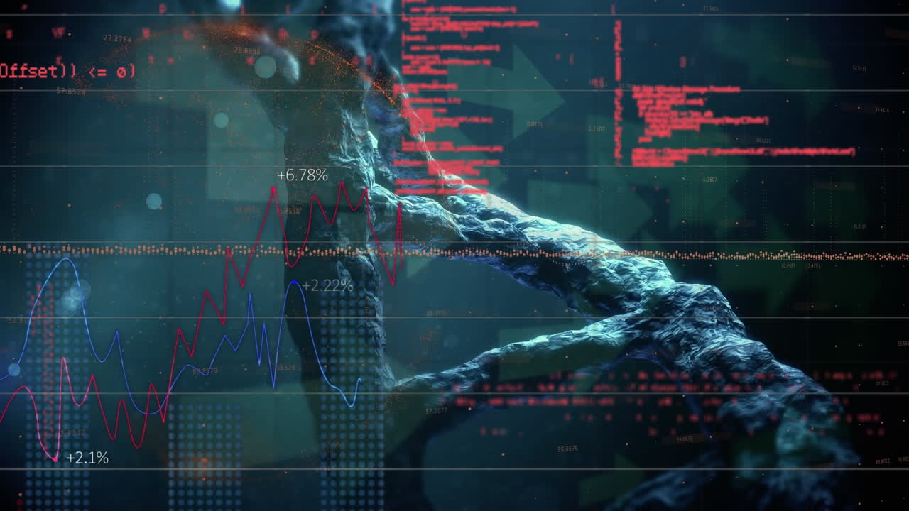 animación del procesamiento de datos y flechas sobre la cadena de adn sobre fondo negro