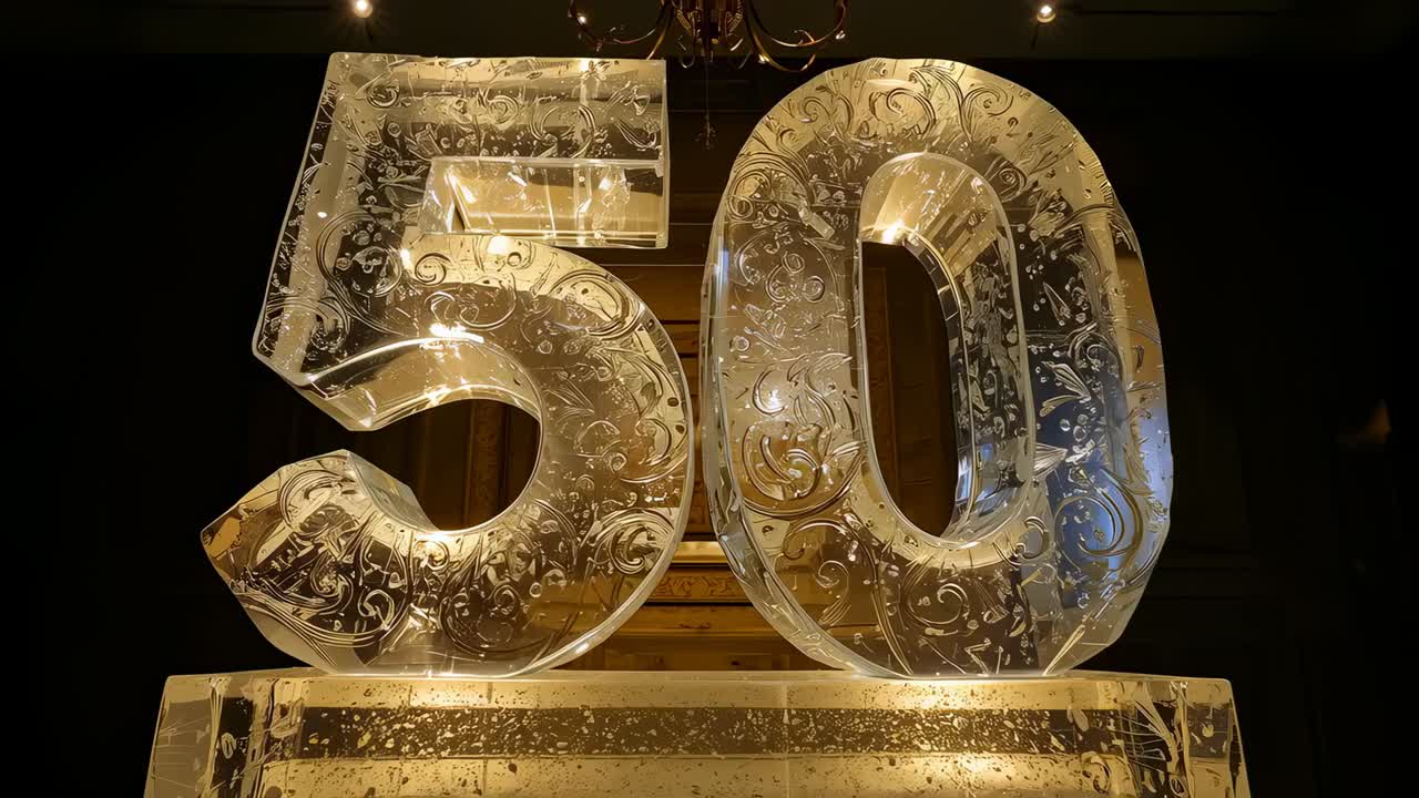 Tilting camera zooming, revealing 50 ice sculpture on pedestal in ballroom with doors, chandelier