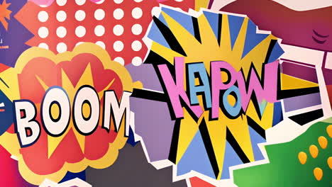 colorful comic book-style graphics with boom and kapow text in bold letters