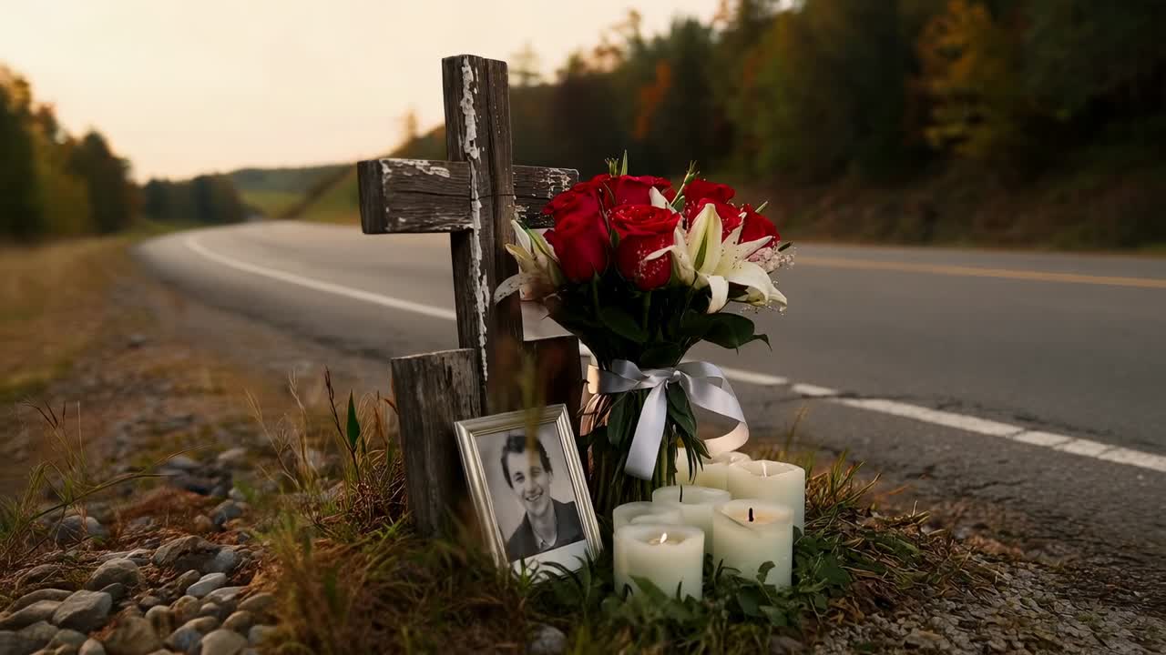 La camera si avvicina rivelando un monumento commemorativo su una strada rurale, concentrandosi su croce, bouquet e candele accese in ricordo