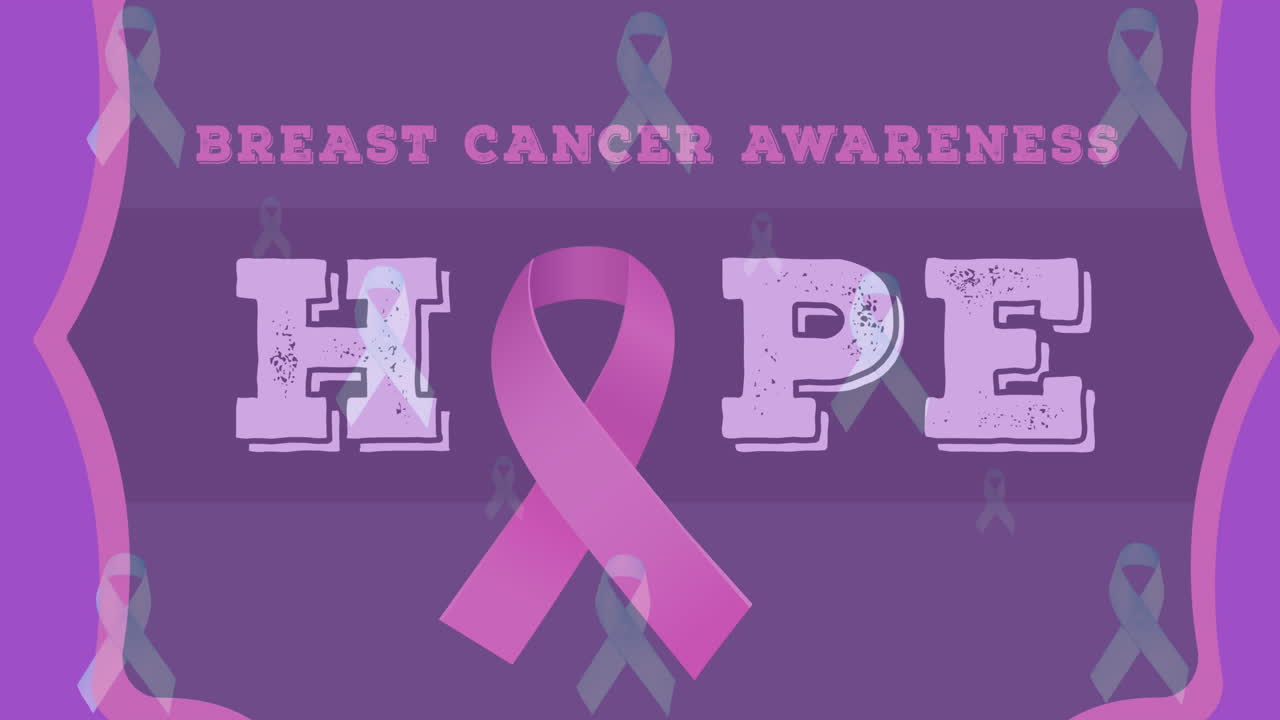 보라색 배경에 분홍색 리본으로 유방암 인식 텍스트의 애니메이션