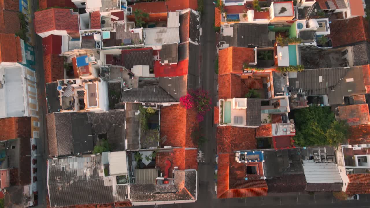 Top down aerial view of the old town walled city Cartagena. where you see the streets and villa style houses and architecture.