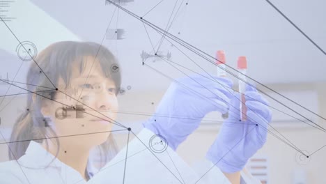 Animation-of-network-of-connections-over-asian-female-lab-worker-with-samples