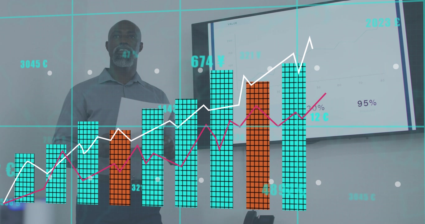 Business presenter raising arm pointing at chart, animating bars, lines growing illustrating gains