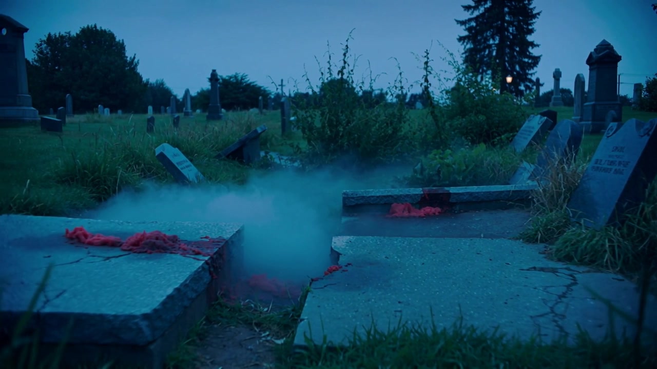 Stigende bleg tåge vælter op fra en gravstenssprække på kirkegården i skumringen og indhyller rødt stof.