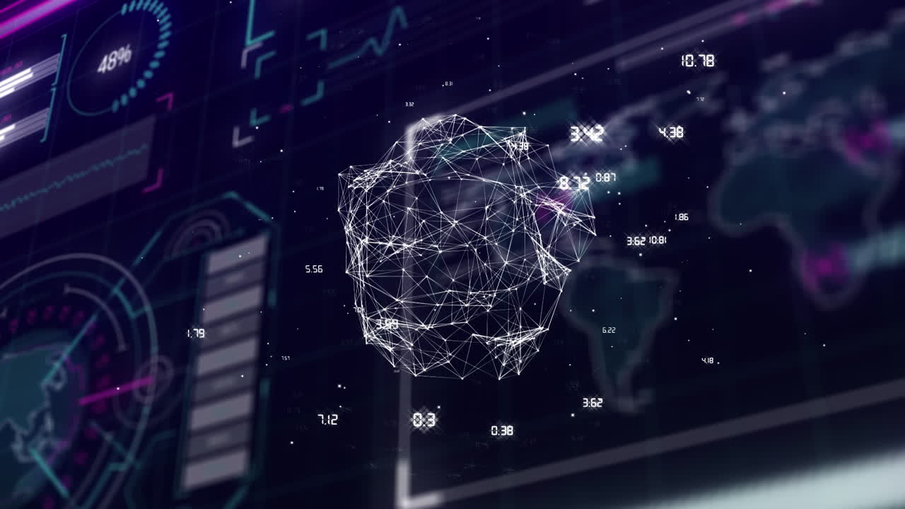 Animation of global network and processing data over scanner, graphs and charts on interfaces