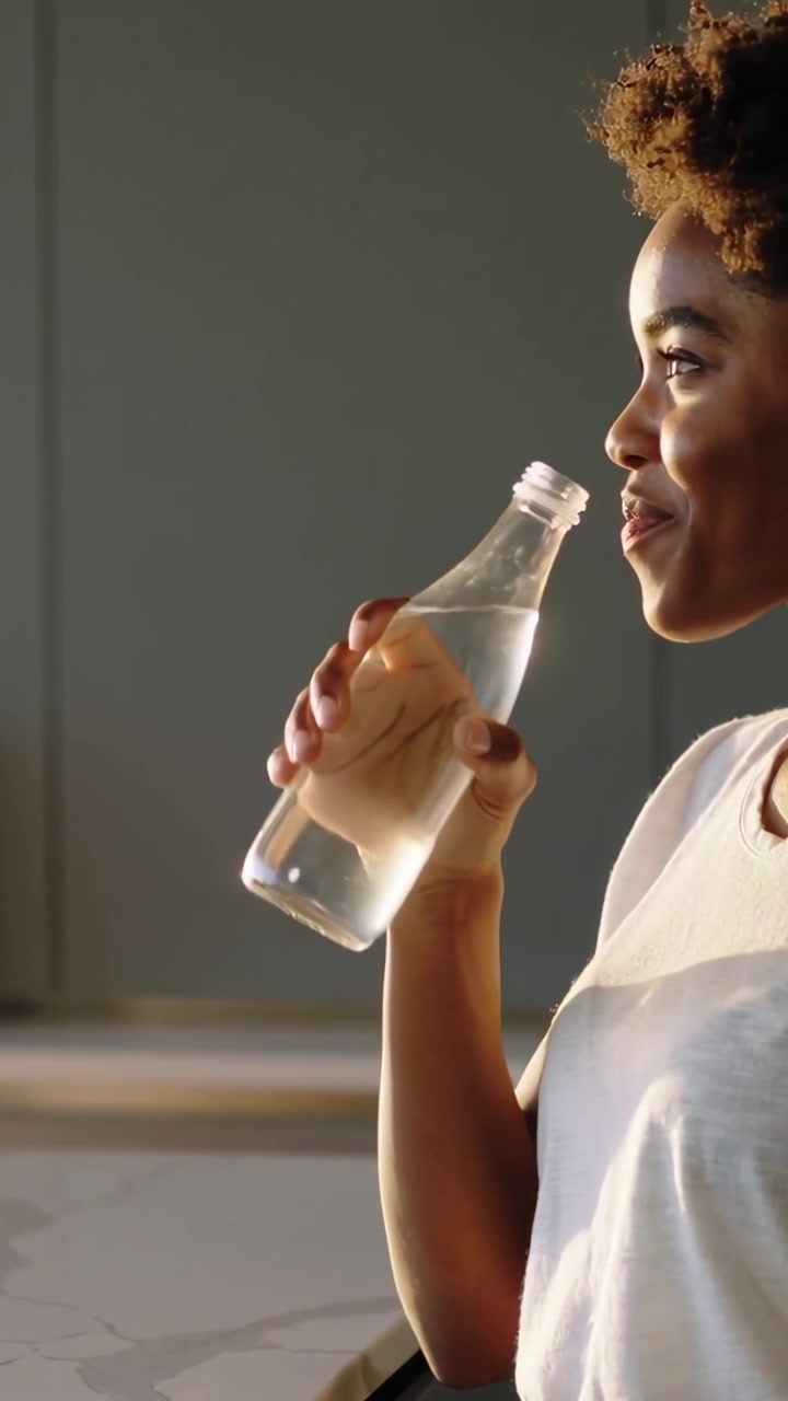 Vertical video: Feeling thirsty woman in white tee sipping bottle at kitchen counter, copy space